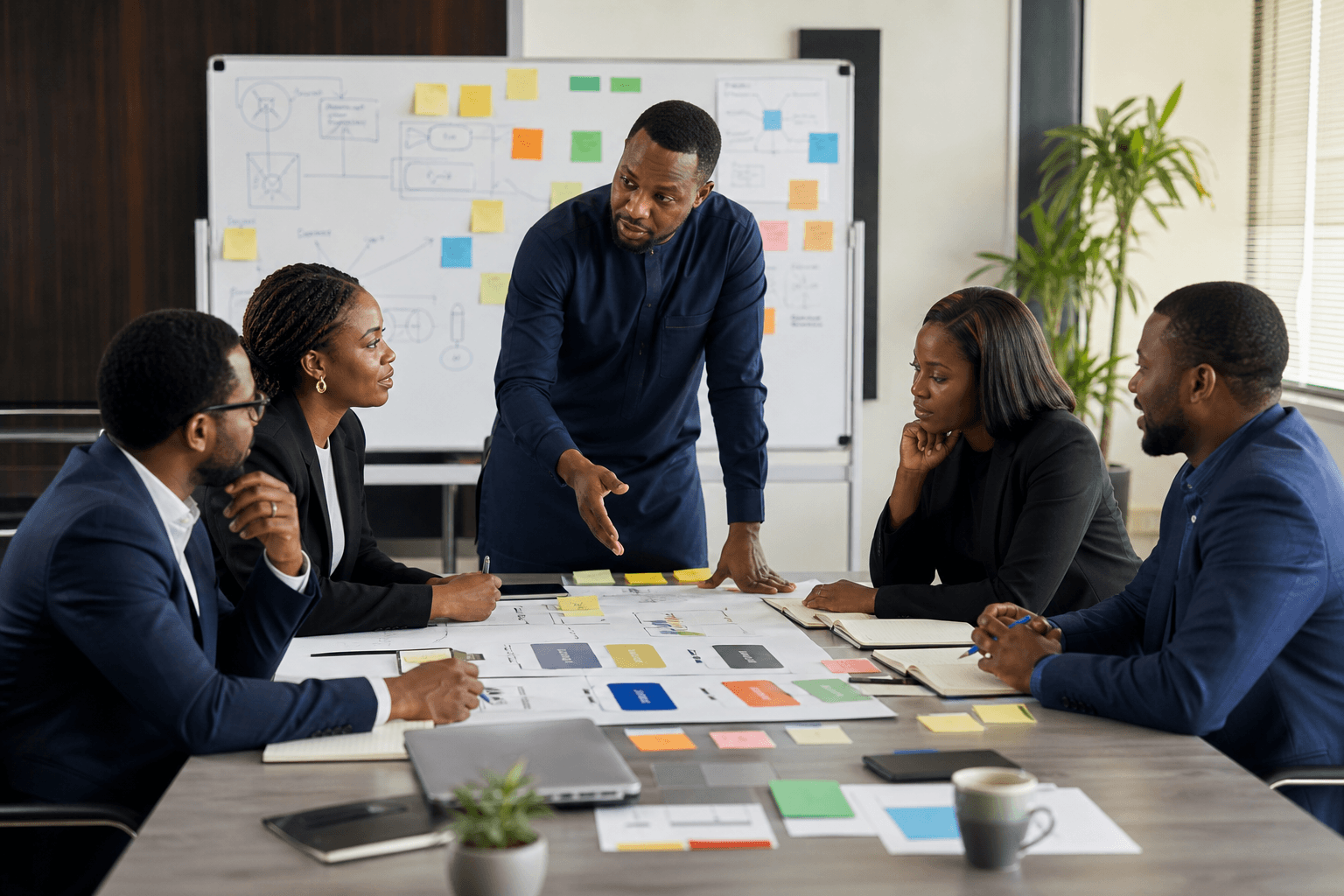 Black Nigerian professionals designing a corporate training programme in a workshop room